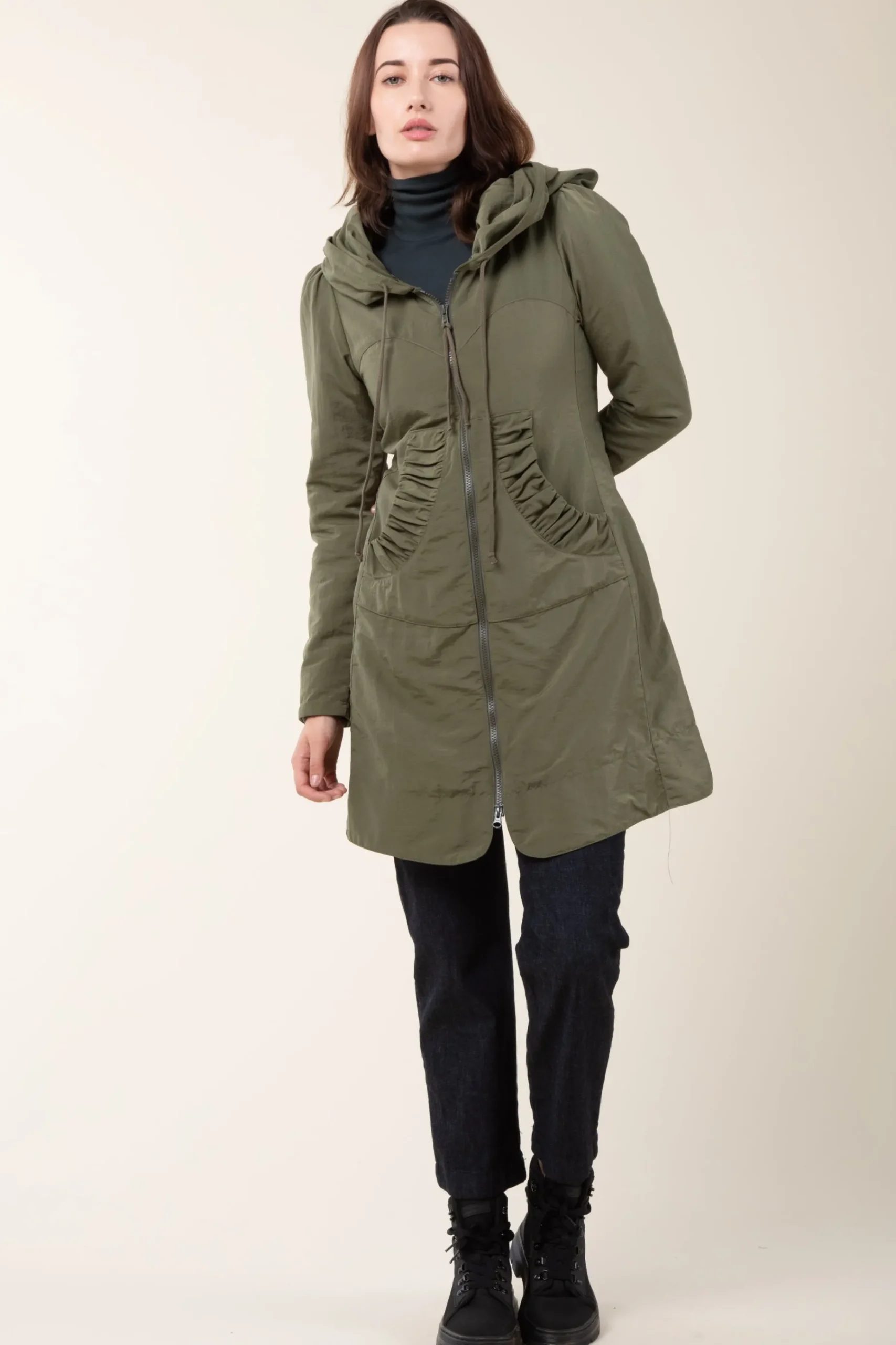 Long Raincloak in Army with Grey Plaid