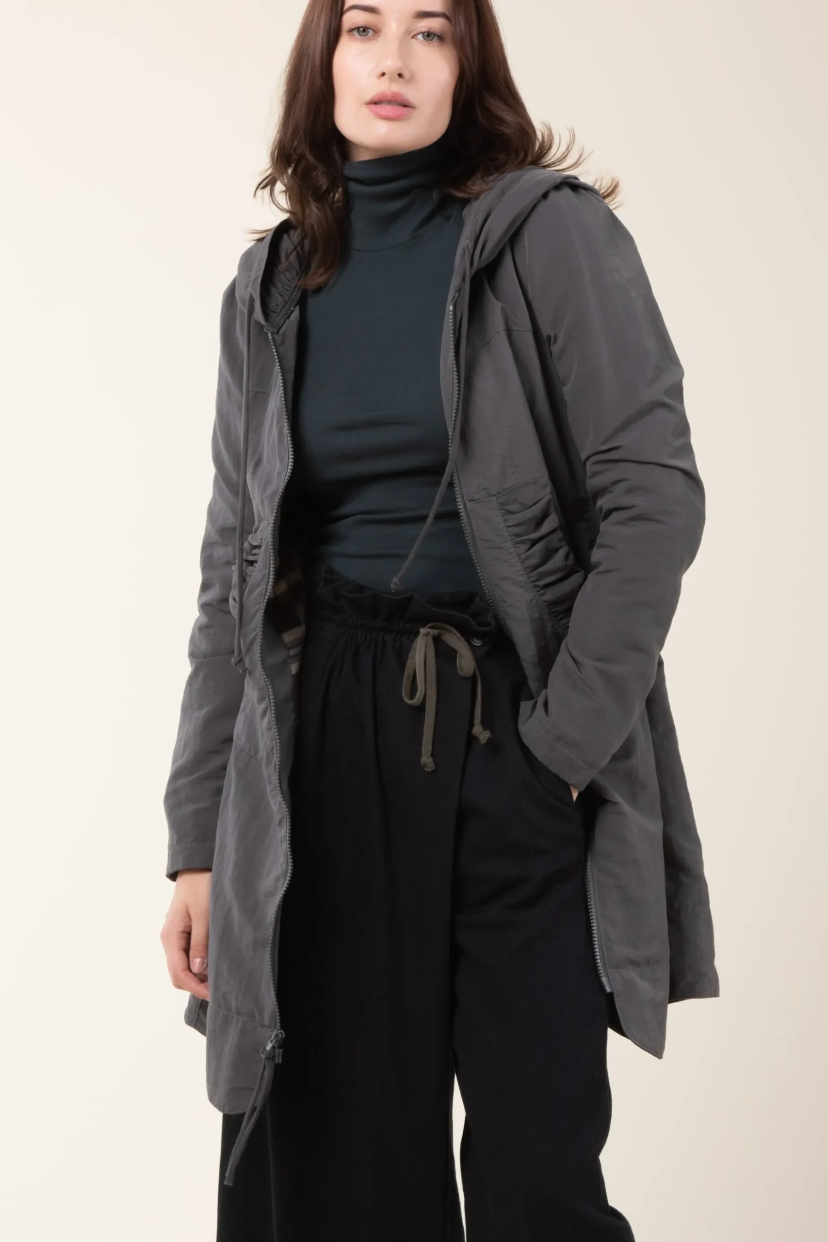 Long Raincloak in Charcoal with Brown Plaid