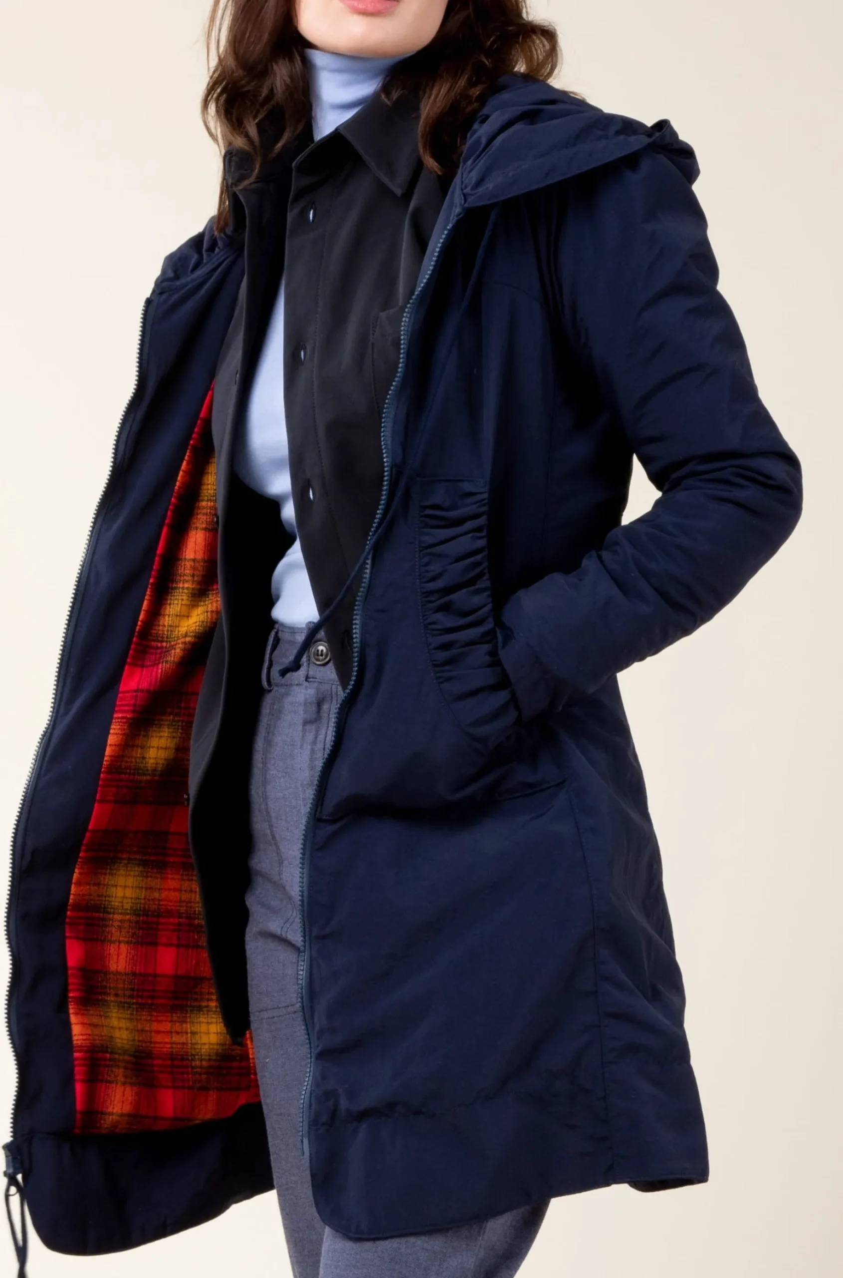 Long Raincloak in Midnight with Red Plaid
