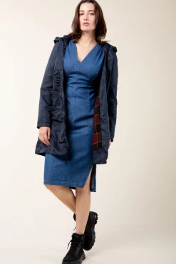 Long Raincloak in Navy with Burgundy Plaid